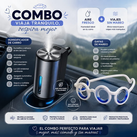 🚗💨 Combo Viaja Tranquilo – Humidificador de Carro + Gafas de Mareo